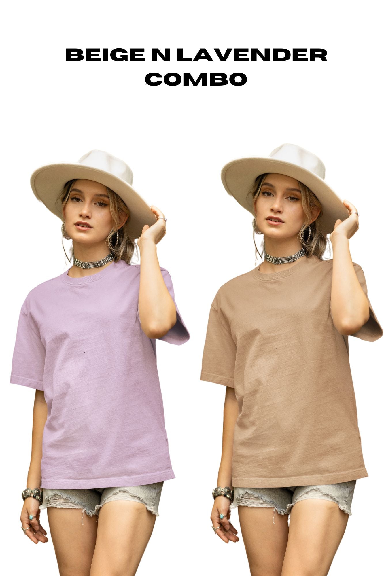 HAAVAH 2PC COMBO BEIGE N LAVENDER OVERSIZE T SHIRTS