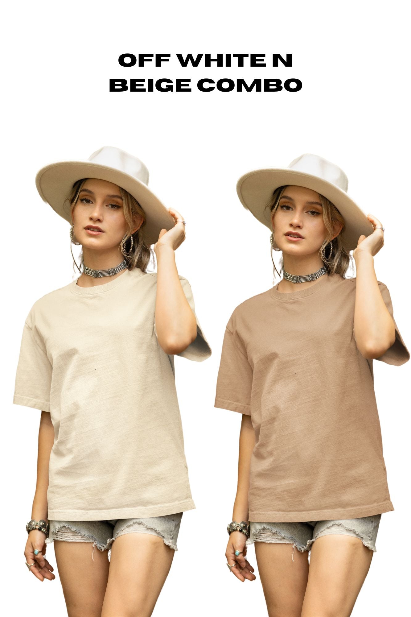 HAAVAH 2PC COMBO OFF WHITE N BEIGE OVERSIZE T SHIRTS