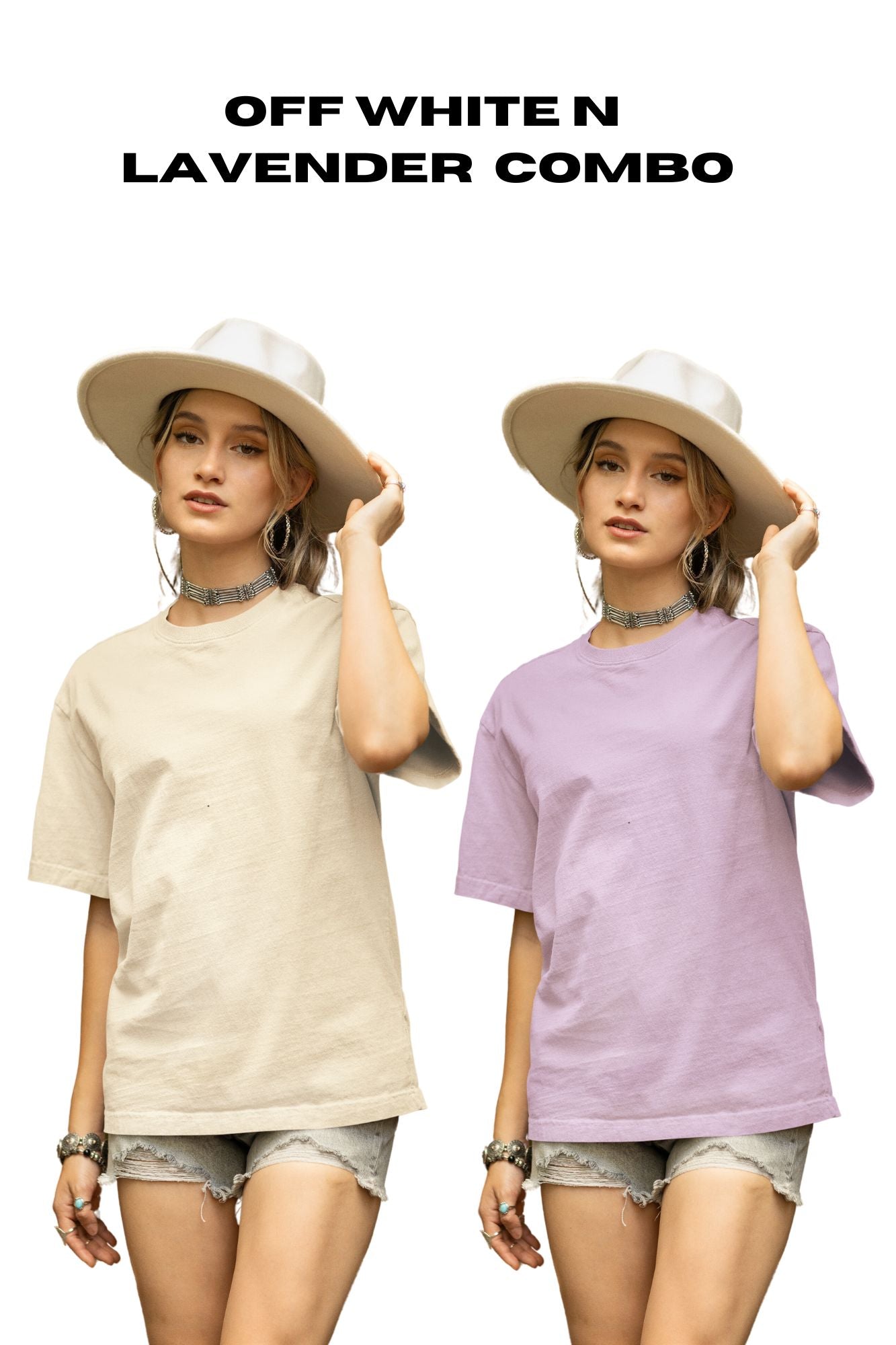 HAAVAH 2PC COMBO OFF WHITE N LAVENDER OVERSIZE T SHIRTS